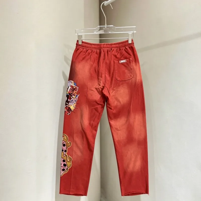 Graffiti Dice Flame Red Vintage Distressed Washed Worn DUAA Sweatpants Men Women Hiphop Street Cutting Legs Drawstring Trousers