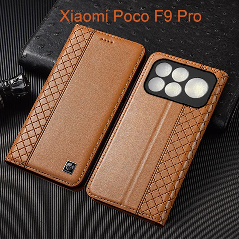 Etui z prawdziwej skóry Napa Inner Grid z klapką do Xiaomi Poco F9 Pro Ultra, etui na telefon z przegródkami na karty, odporne na zarysowania.