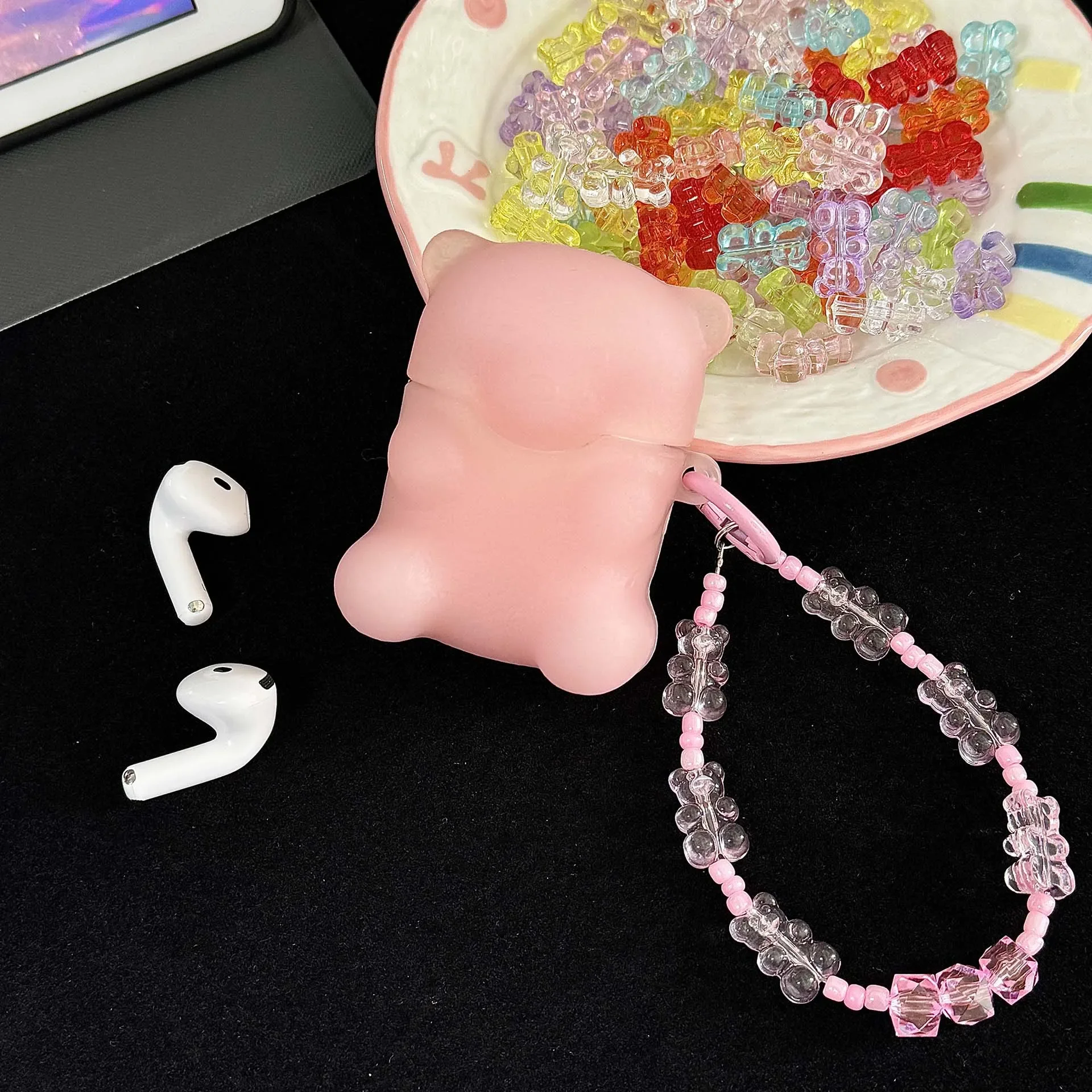 ピンクのAirPods1,2, 3 pro,pro2用の明るいクマのケース,Bluetoothイヤフォン用の充電ボックス,保護イヤホン用のケース