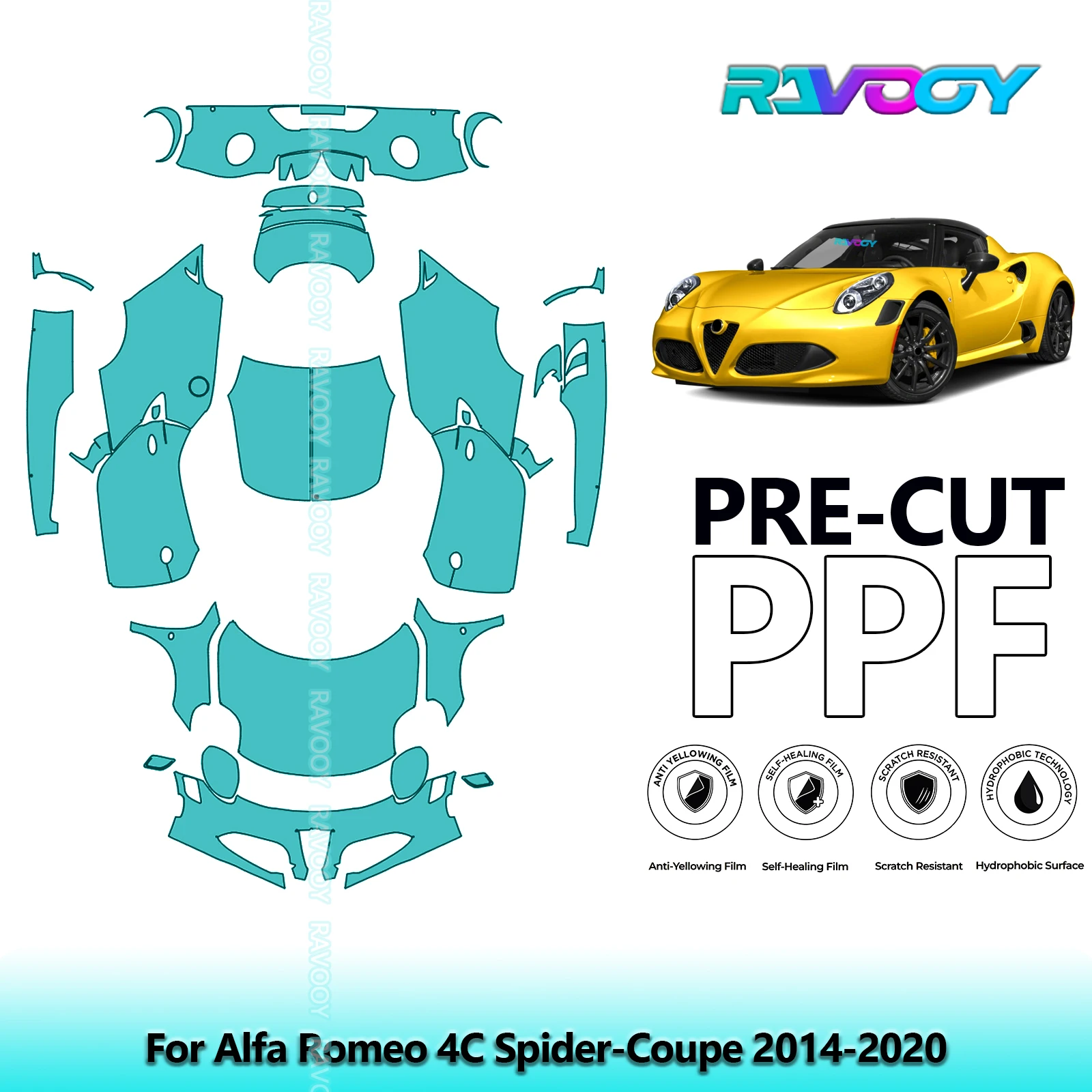RAVOOY Custom-Fit Precut TPU PPF Full Vehicle Clear Bra Stone Guard EU UK For Alfa Romeo 4C Spider-Coupe 2014-2020