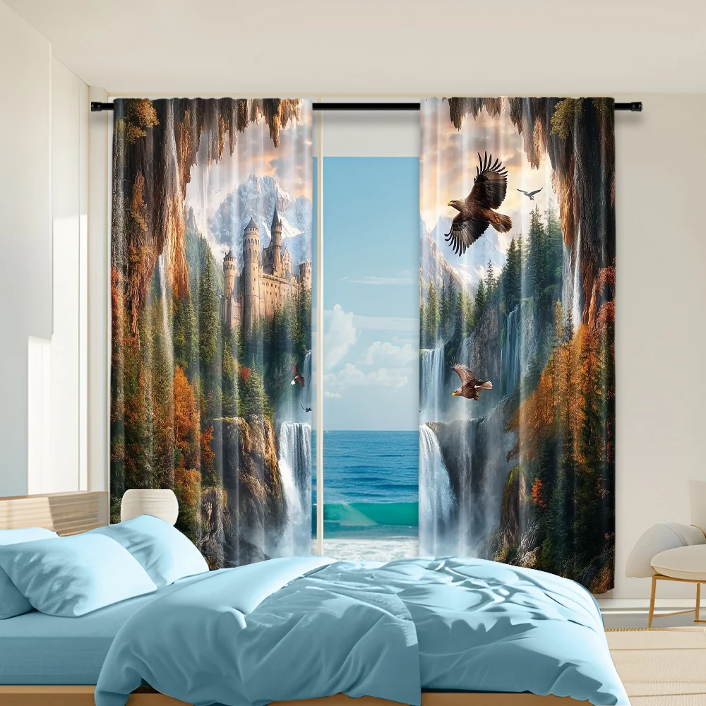 2 pcs, versatile polyester transparent curtains for home decoration Cliff Castle Rainforest Waterfall Wild Bear Eagle for use in