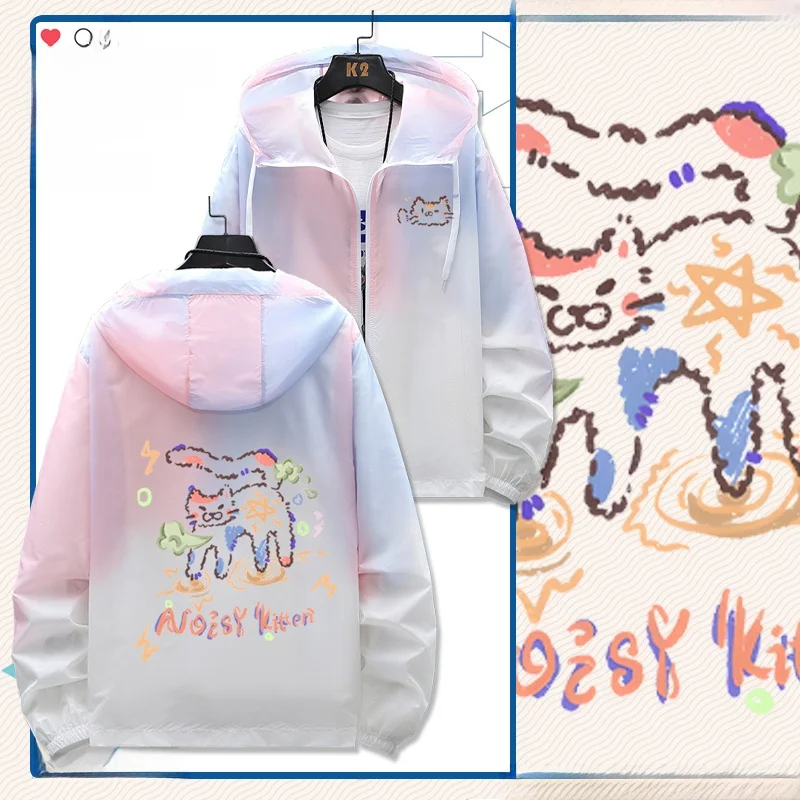 Cute Graffiti  Couple's Gradient Thin Jacket Women's Men's Loose Fit Spring Polyester Fiber Sun Protection Outerwear
