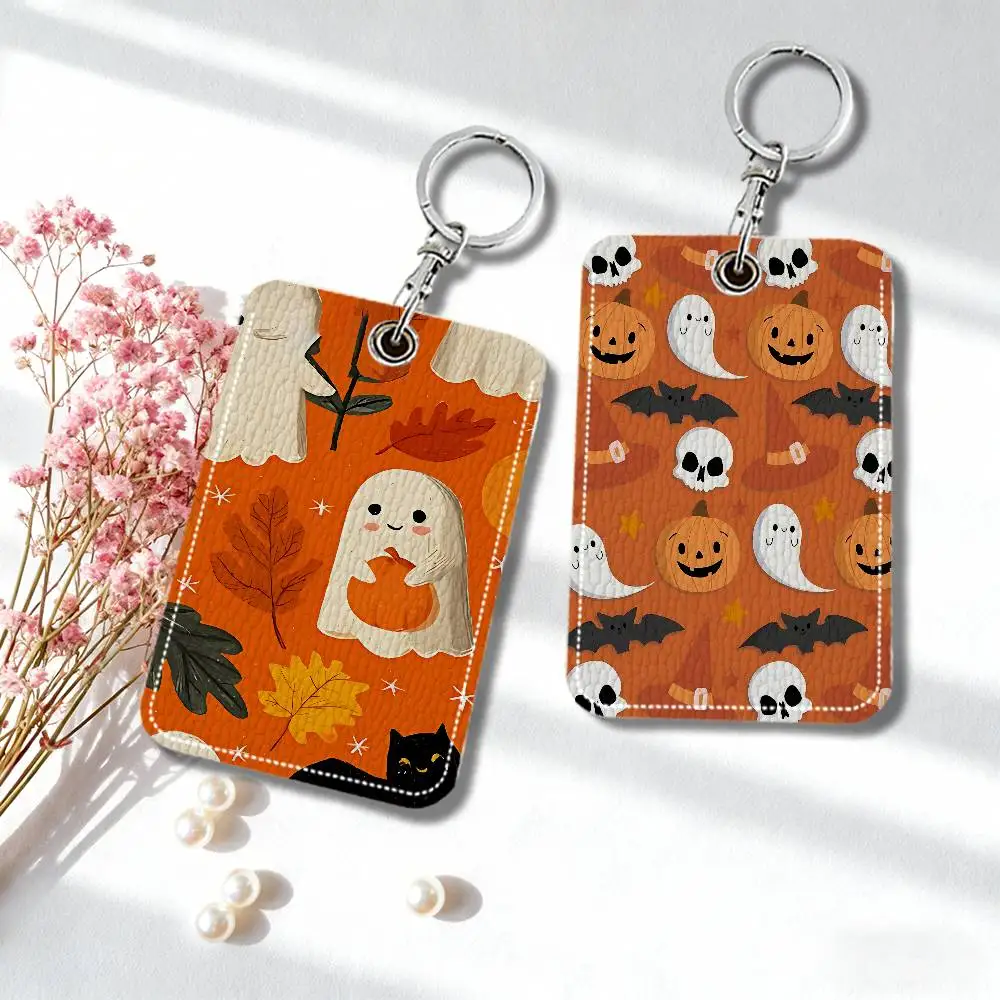 Halloween Pumpkin Card Holder Leather Card Storage Box Key Chain Access Tag Holder ID Card Holder Key Chain