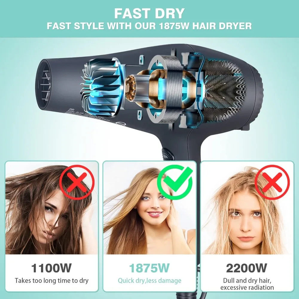 1875w Tourmaline Hair Dryer,Negative Ionic Salon Hair Blow Dryer,DC Motor Light Weight Low Noise Hairs Dryers with Diffuser