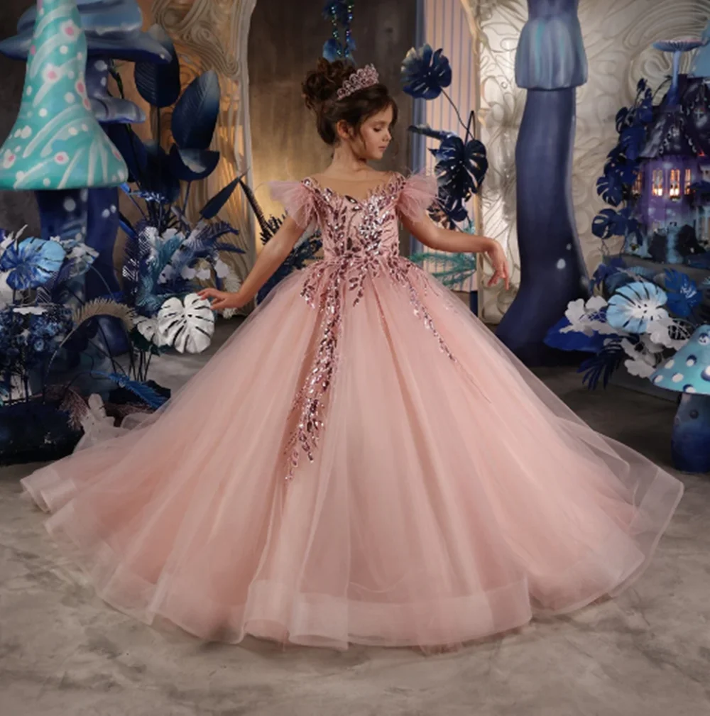 

Ball Gown Feather Ruffles Tulle Sequins Flower Girl Dress with Beaded