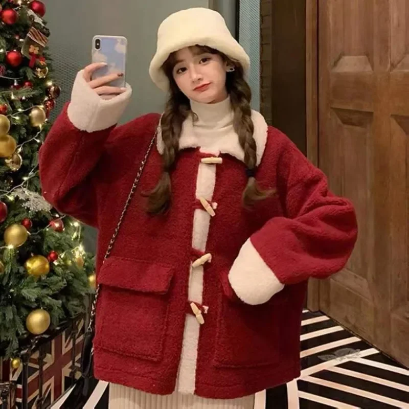 HOUZHOU Vintage Red Fleece Jacket Women Oversized Lamb Wool Coat Korean Fashion Cute Short Jackets Chic and Elegant Aesthetic