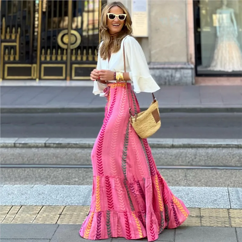 

patchwork hem pink half length skirt fashionable bohemian vacation style printed large swing half length skirt women's clothing