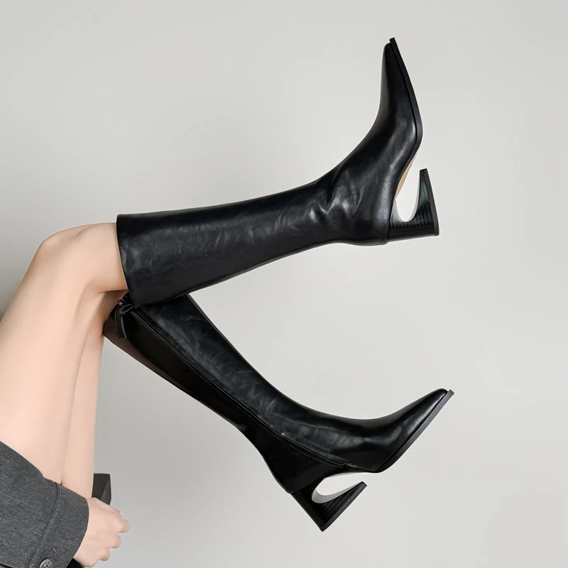 

Women's new leather cowhide pointed zipper high heels with irregular and retro Western style boots, fashionable high boots