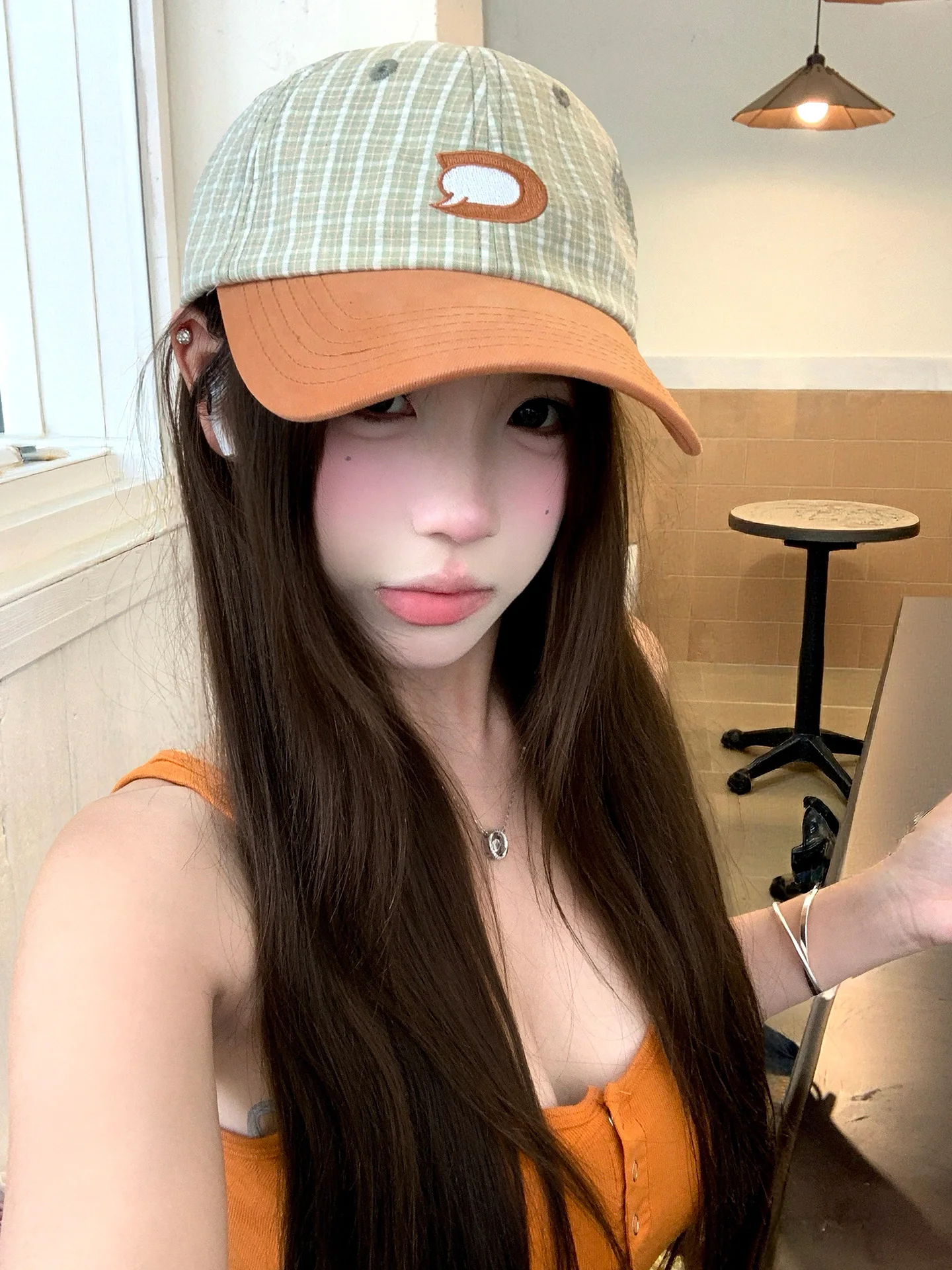 Retro Patchwork Embroidered Plaid Baseball Cap Women's Spring Summer New Style Versatile Large Head Circumference Face Slimmi...