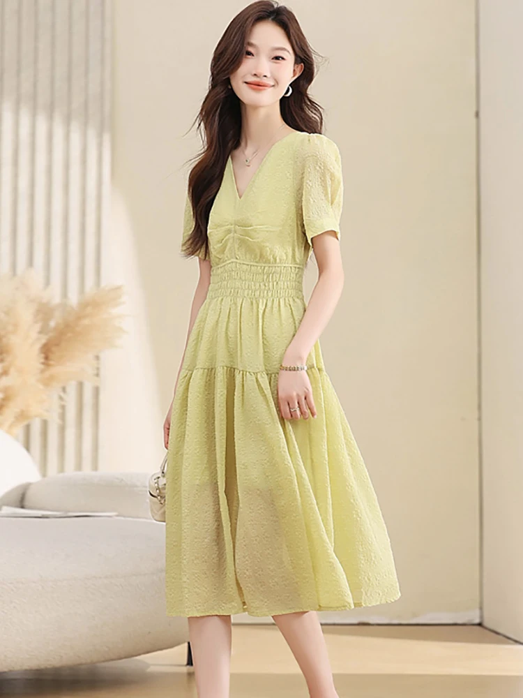 Vrouwen Groene Chiffon Geplooide Bodycon Midi Jurk Zomer Korte Mouw V-hals Casual Jurk 2025, Koreaanse Mode Elegante Avondjurk