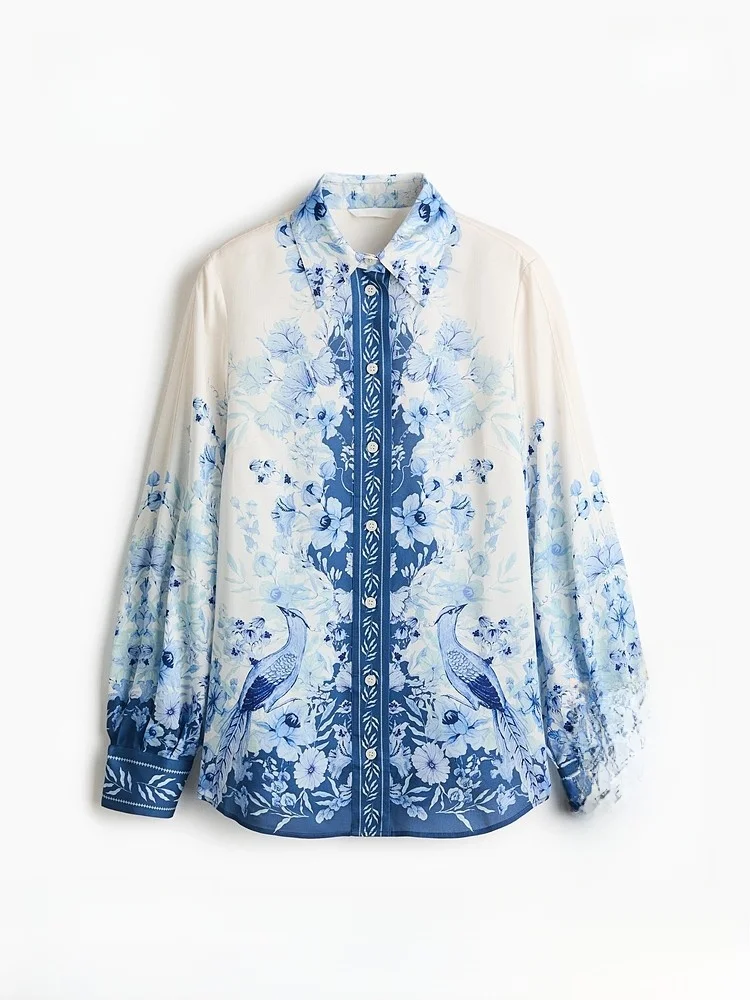 

Spring New Women's Printed Lyocell irt Casual Sle Button Design Long Sve Flip Collar H&M 32670 Comfortable Fit