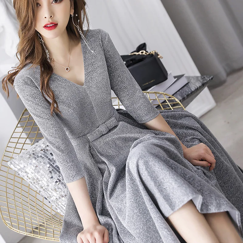 Vestido De Fiesta It\'s Yiiya BR309 Silver Gray Shining Prom Long Elegant Dresses V-neck Three Quarter Sleeve Formal Gowns 2020