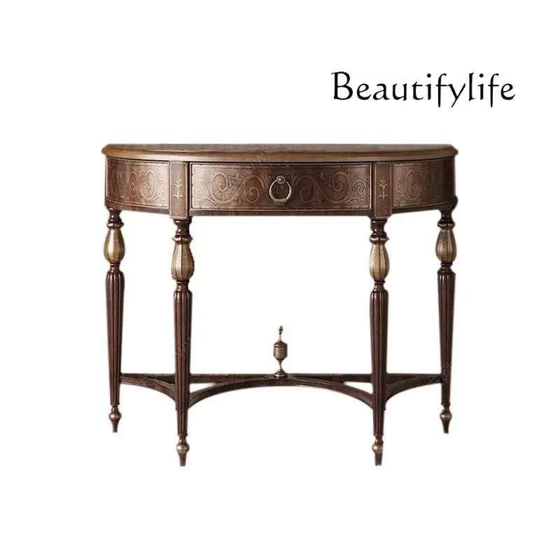 Retro semi-round entrance table, several cabinets, corridor entrance table, modern simple solid wood foyer table