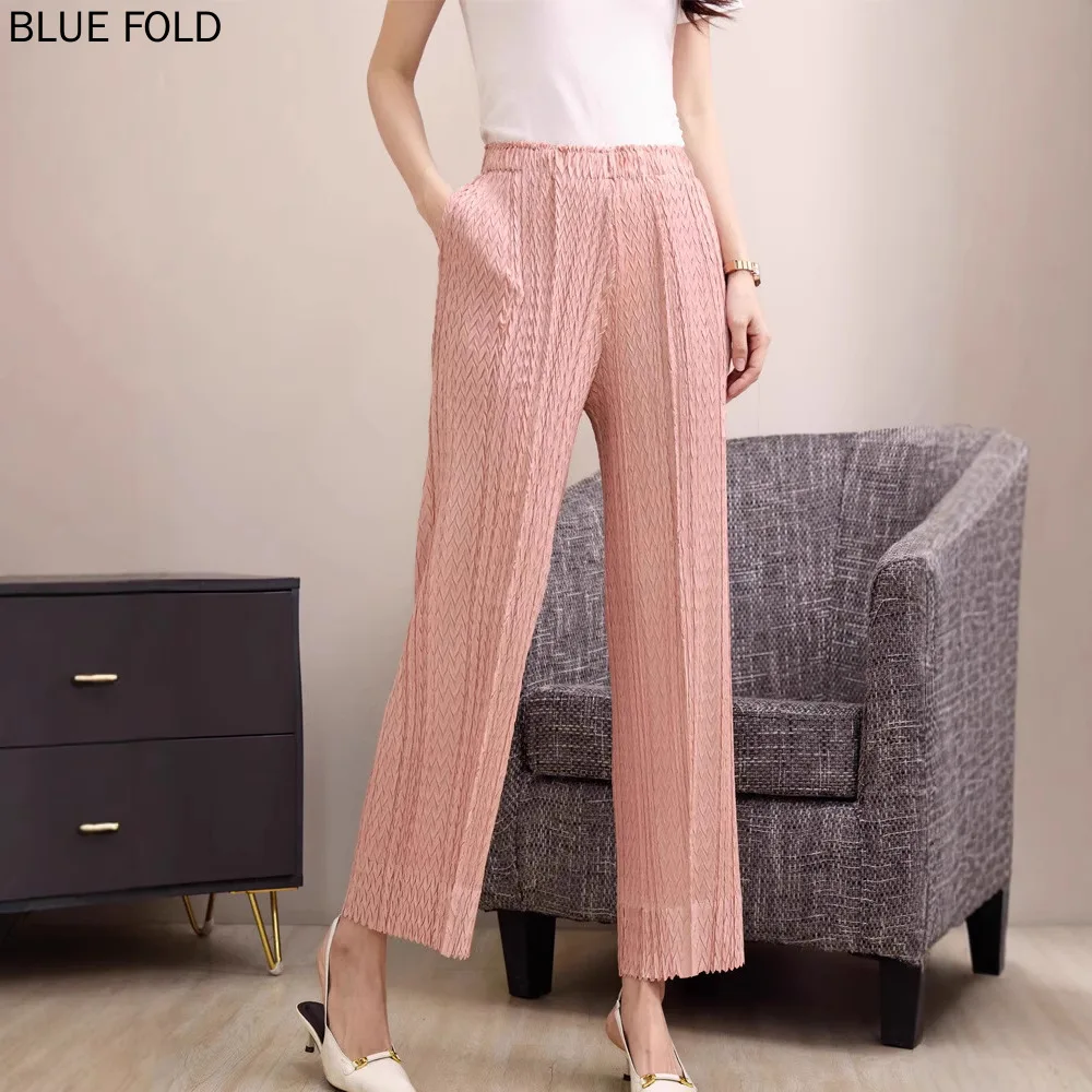 MIYAKE New Summer Fashion Casual and Versatile V-shaped Pleated Straight-leg Pants Women Comfortable for Daily Commuting