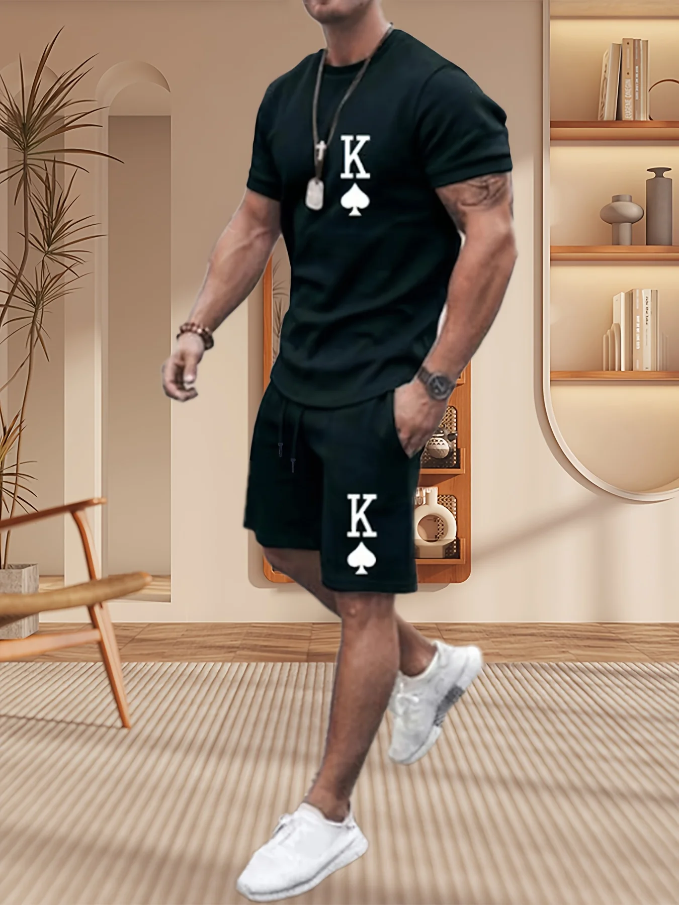 

New men's casual sports outfit - quick-drying (printed short-sleeved top + black shorts) fashionable streetwear set