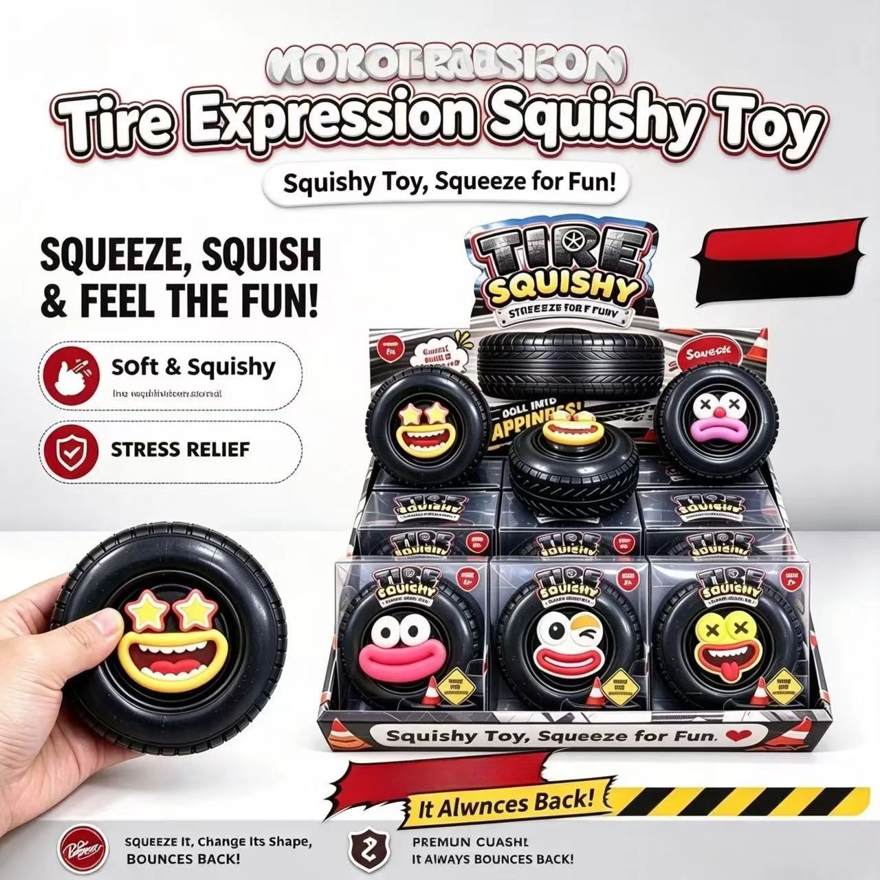 Building Block Cartoon Face Tire Squishy, Funny Simulation Fidget Toy, Soft Squeeze Stress Relief Anxiety Release Hand Toy
