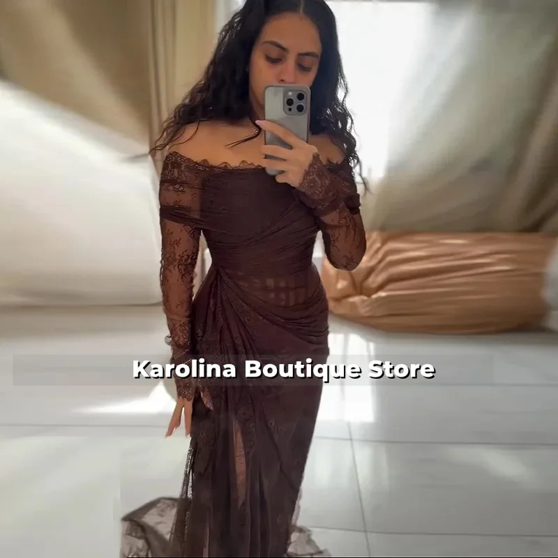 

Lace Evening Dress Strapless Customized Mermaid Brown Long Sleeves Arabic Prom Wedding Party Gown Robes De Soirée Customized
