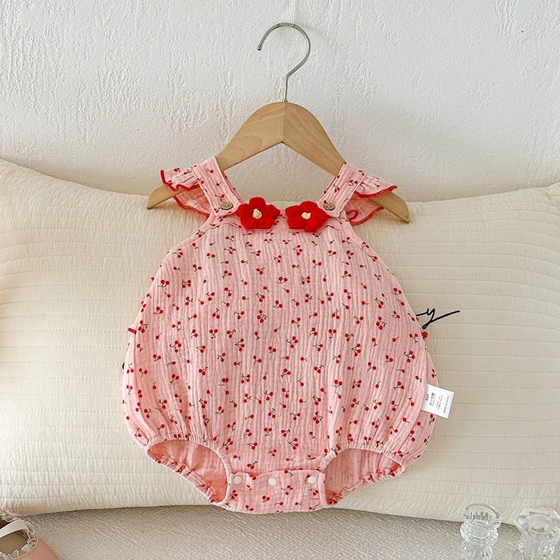 

Новый летний комбинезон для малышей 2026 года, с рукавами-крылышками, из хлопка, с принтом, для девочек, 0-24 месяца, одежда для девочек