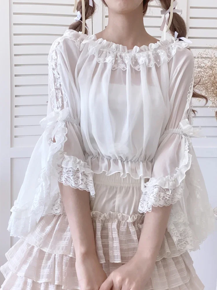 Japanese Lace Lolita Style Soft Girl Shirt Women Blouse Inner Layering Top Off The Shoulder Summe Long Sleeve Outerwear Shirts