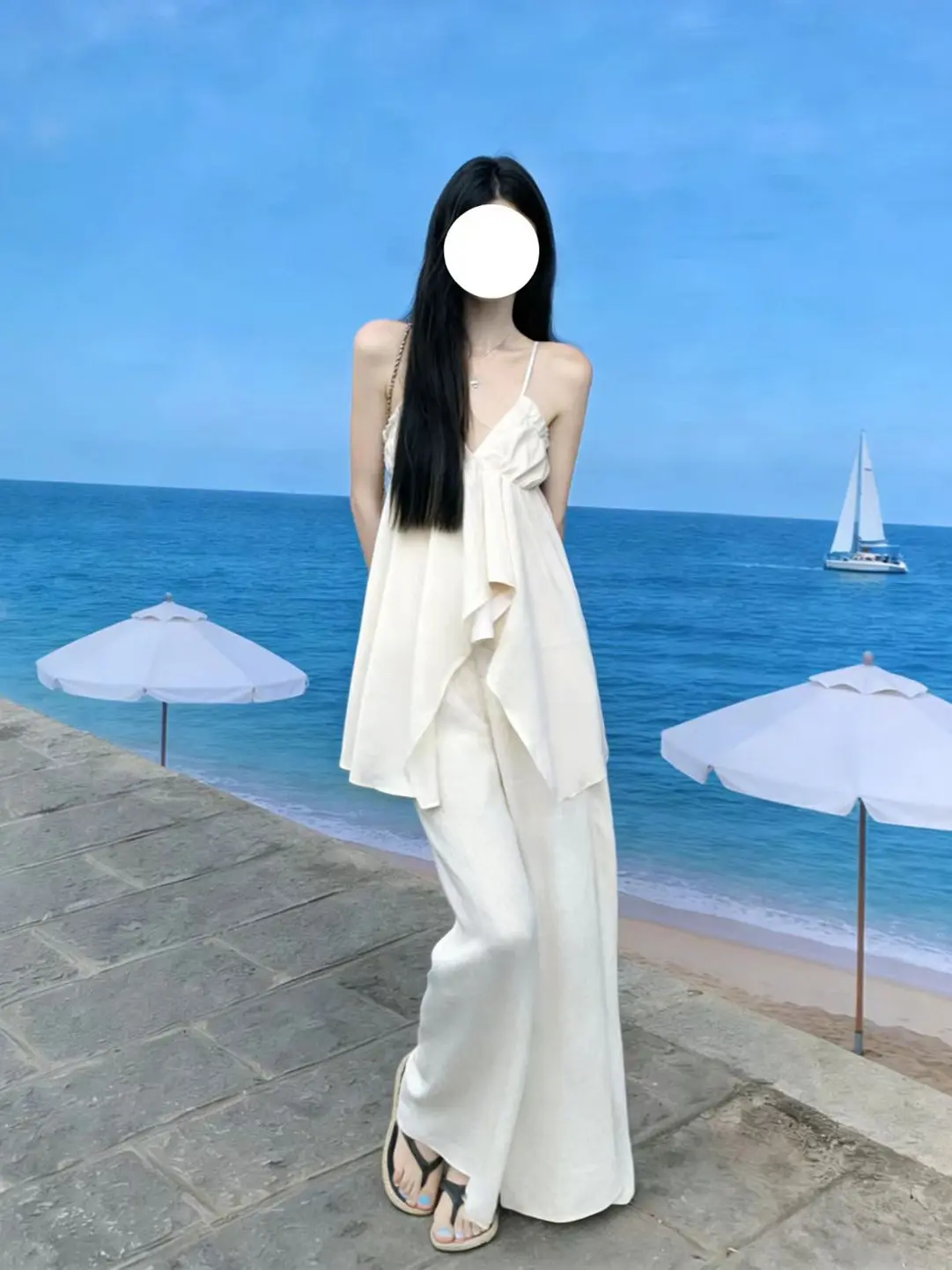 

Fashionable Summer Outfit Women's High Waist Wide Leg Pants Casual Tank Top And Pants Set Irregular Design Polyester Fiber