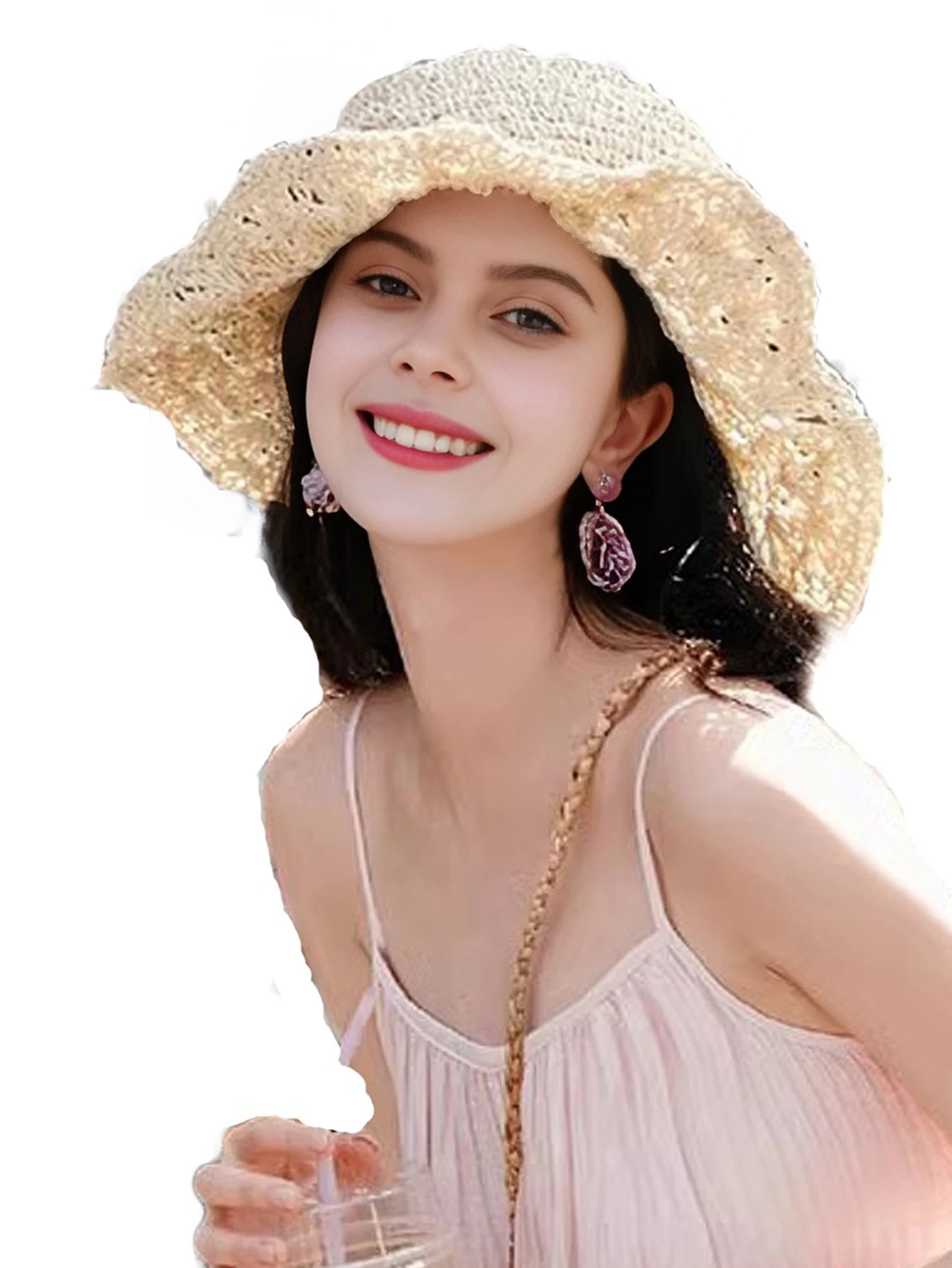 Women Summer\'s Straw Hat Handmade Fashion Bowknot Foldable Sunscreen Panama Wide Brim Outdoor UV Sun Portect Beach Cap Girl