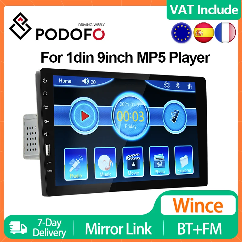 Podofo 1din 9inch Universal Car Radio MP5 Player Touch Screen Multimedia Player 1 Din Autoradio Stereo Receiver FM BT Head Unit