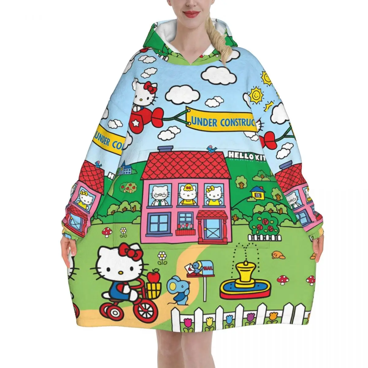 Hello Kitty Merch Blanket Hoodie Wearable Blanket Large with Pocket Warm Sleeping Bag Soft Cozy Onesie