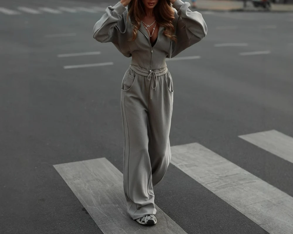 

2025 Casual Set Solid Color Zipper Cardigan Hoodie Waist Hoodie Strap Pants Two Piece Set