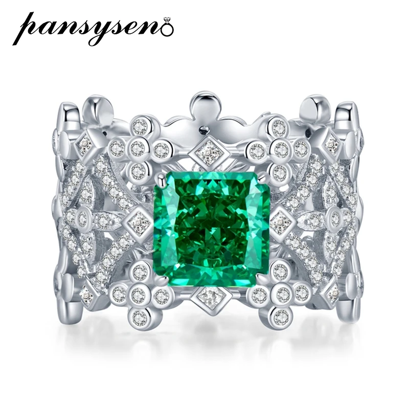 

PANSYSEN 100% 925 Sterling Silver 8MM Sparkling Emerald Simulated Moissanite Diamond Gemstone Ring Anniversary Fine Jewelry Gift