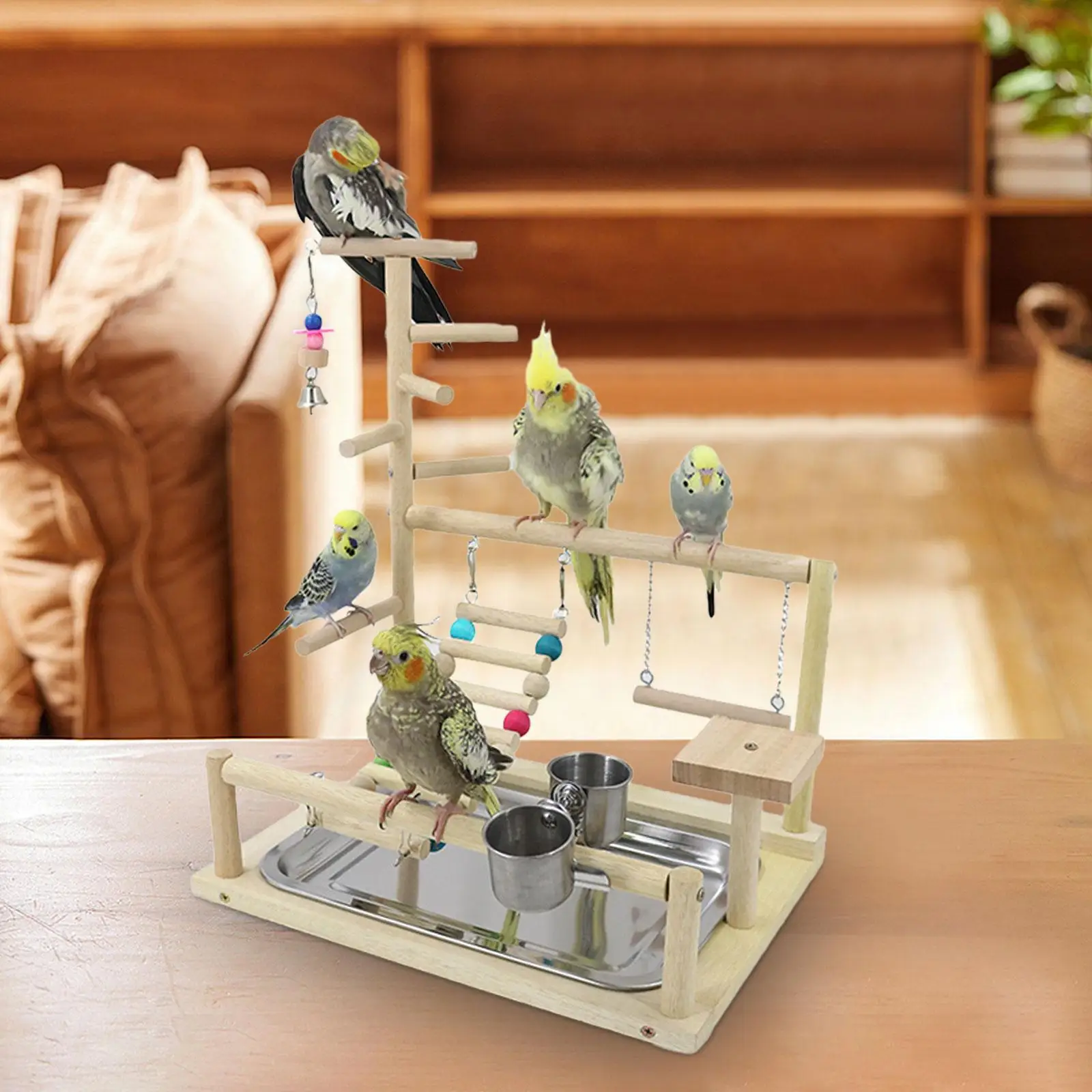 Bird Playstand Wood Perch Standing Exercise Playing Perch Gym Birds Chew Toys for Parakeets Budgie Cockatiels Cockatoos Conures