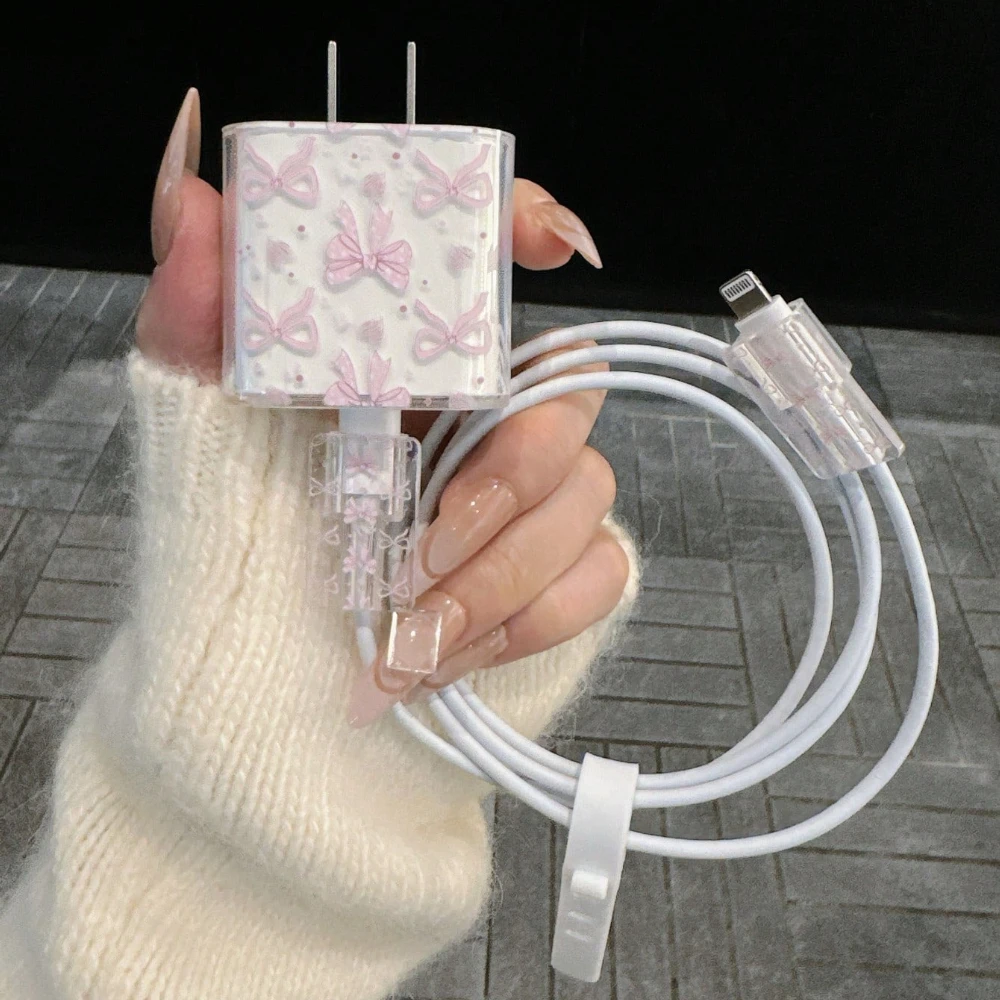 Cute Pink Flower Bowknot Pattern Soft Charger Case For iPhone 18/20W Charger Head Protective Sleeve Cable Protection Cover