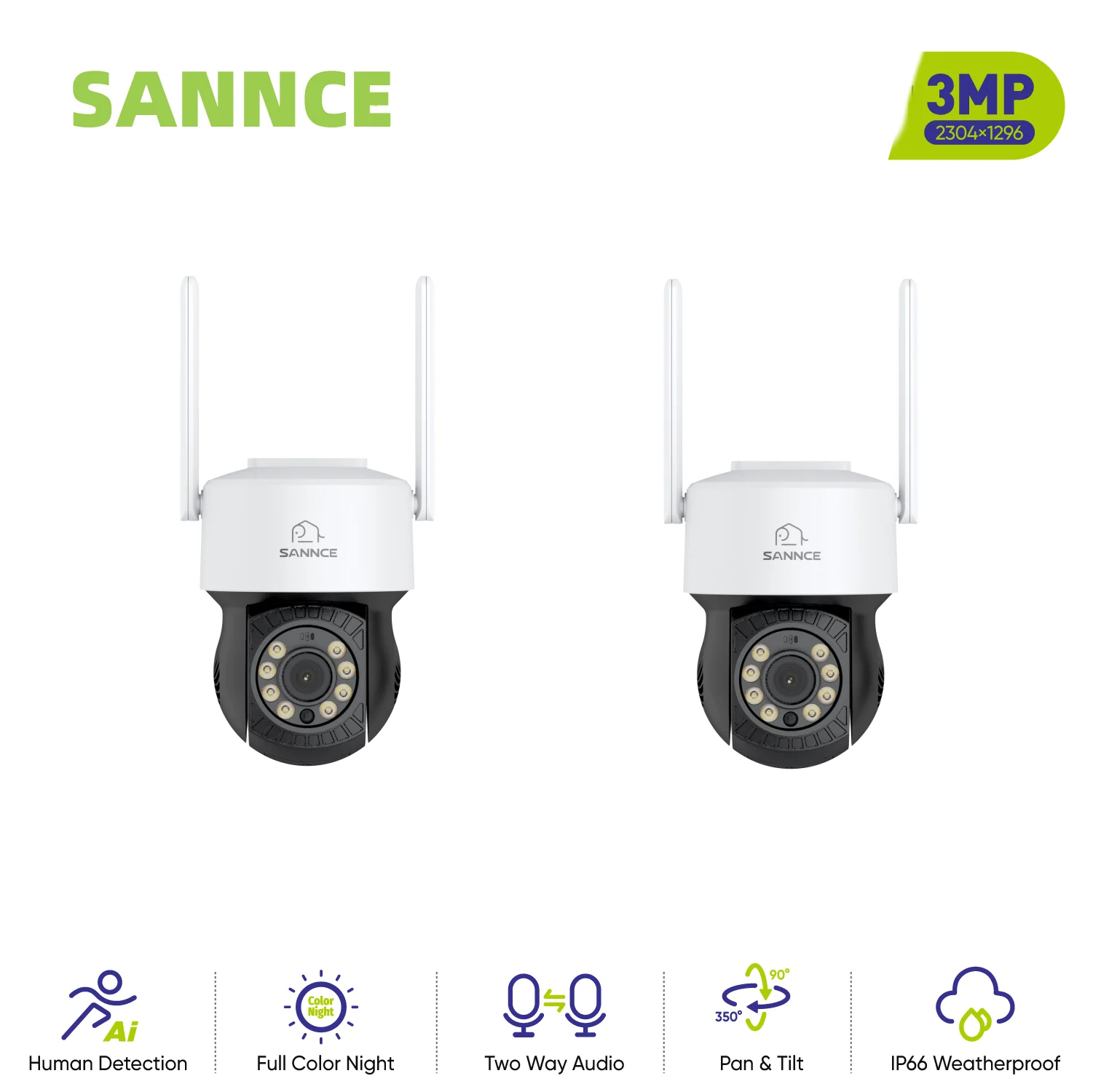 SANNCE Wireless Security Camara 3MP Two-way Voice Human Detection  Night Vision Waterproof IP Camera WiFi Surveillance CCTV