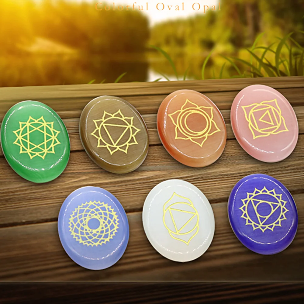 

7Pcs Colorful Cat Eye Stone Palm Worry Stone Carving Chakra Symbols Yoga Meditation Healing Accessories Home Decoration Gifts