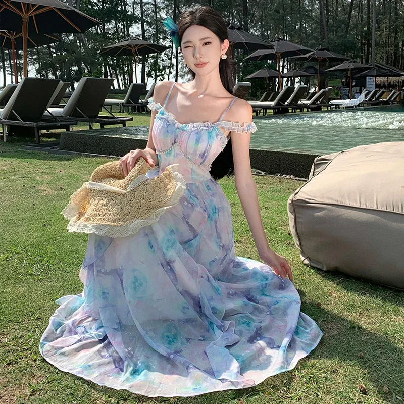 Francuska marszczona sukienka Boho Holiday Beach Dress Women Summer Off The Shoulder Backless Fairy Dress Sexy Evening Party Long Dresses