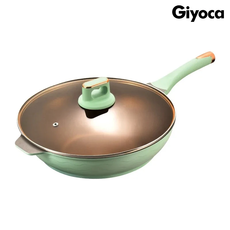 

Giyoca Бытовая сковорода Wok с титановым золотым покрытием, сковорода с антипригарным покрытием и стеклянной крышкой, кастрюля для литья под давлением, универсальная посуда