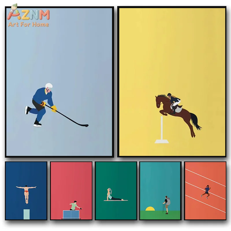AZNM Minimalist Sport Canvas Wall Art Prints Ice Hockey Equestrian Diving Yoga Running Hiking Posters for Gym Decor