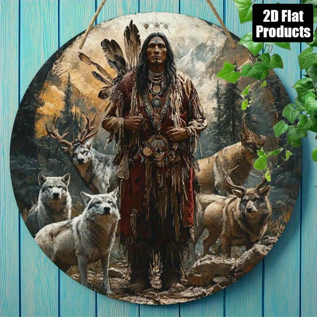 2D flach, 1 Stück Native American Sioux Standing Totem Rundes Holzschild 8x8in – Vintage Wandbehang Dekor für Schlafzimmer, Wohnzimmer,