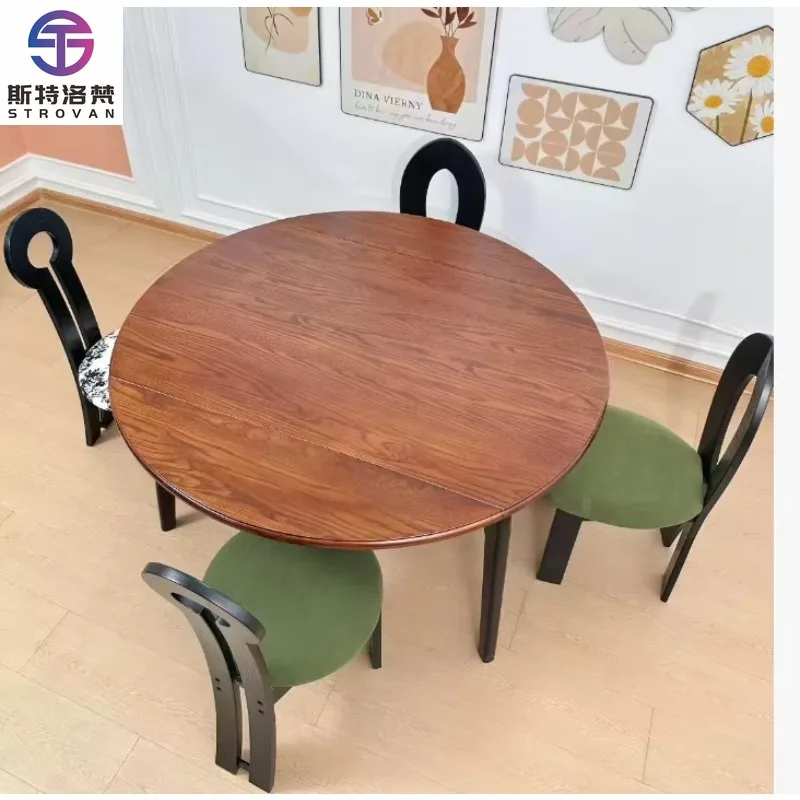 

Luxury Round Dining Table Wood Top With Turntable Base Solid Wood Structure Elegant Design for Hotel and Villa Use
