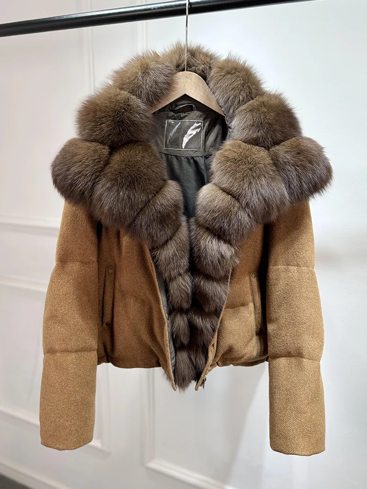 Janveny Luxury Winter 90% White Duck Down Wool Blends Jacket Women 2025 New Real Natural Fox Fur Thick Warm Puffer Down Coat