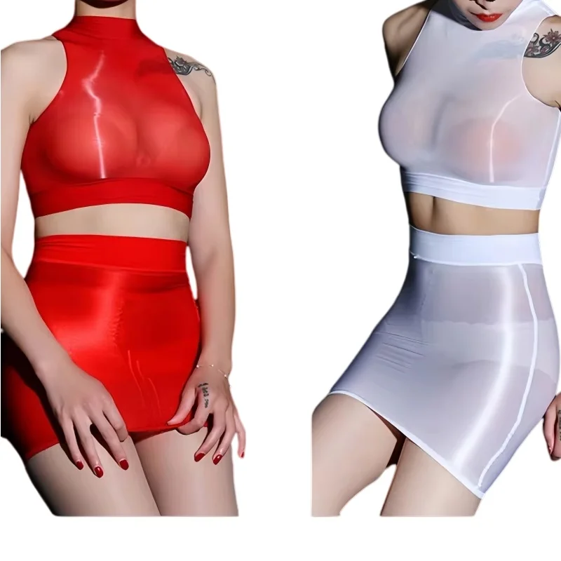 FREEAUCE Koreanischer Ölglanz-Reflexionsrock, durchsichtiger Rock in Übergröße, elastisch, sexy, transparent, weihnachtsrot, kurze Miniröcke für Damen