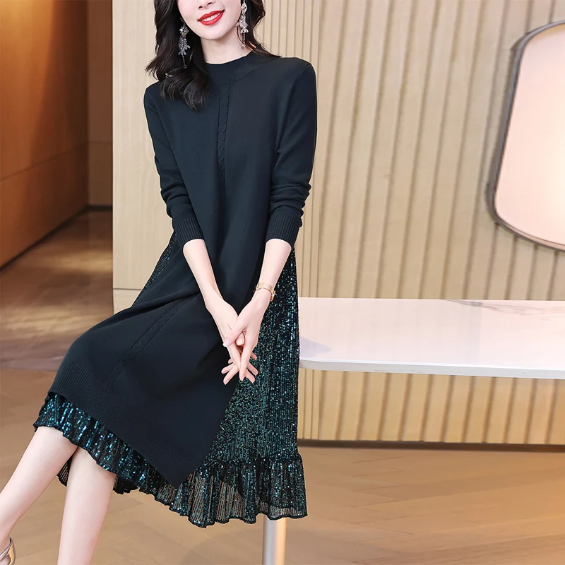 

2023 Autumn/Winter New Dark Green Wool Knitted Diamond Dress Women's O-Neck Elastic Wool Dress Mid length Slim Knee Length Robe