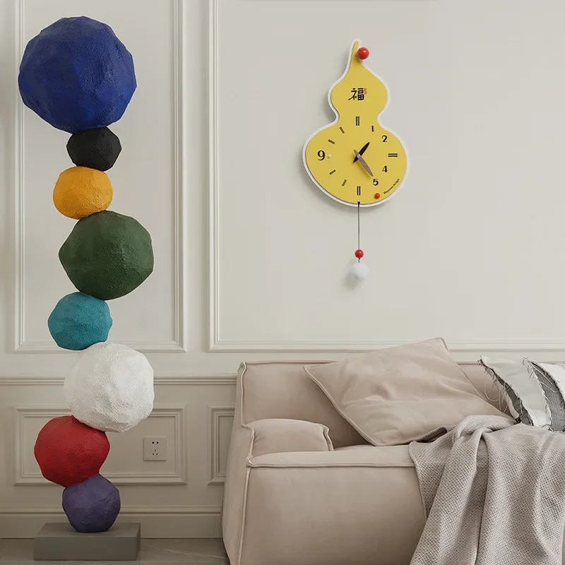 No-drill creative gourd clock - premium decorative wall clock for living room, natural wood style