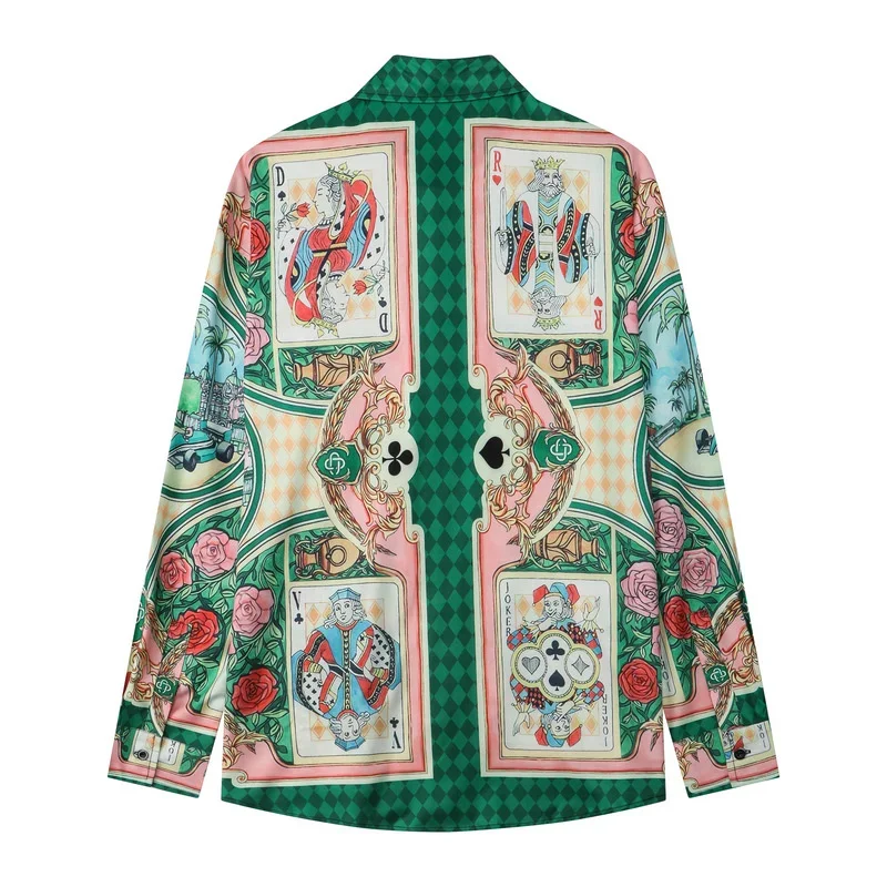 Vintage Playing Card Print Contrasting Color Print Long Sleeve Shirt Holiday Casual Dress Blouse Clothes Men Hawaiian Shirt 2023