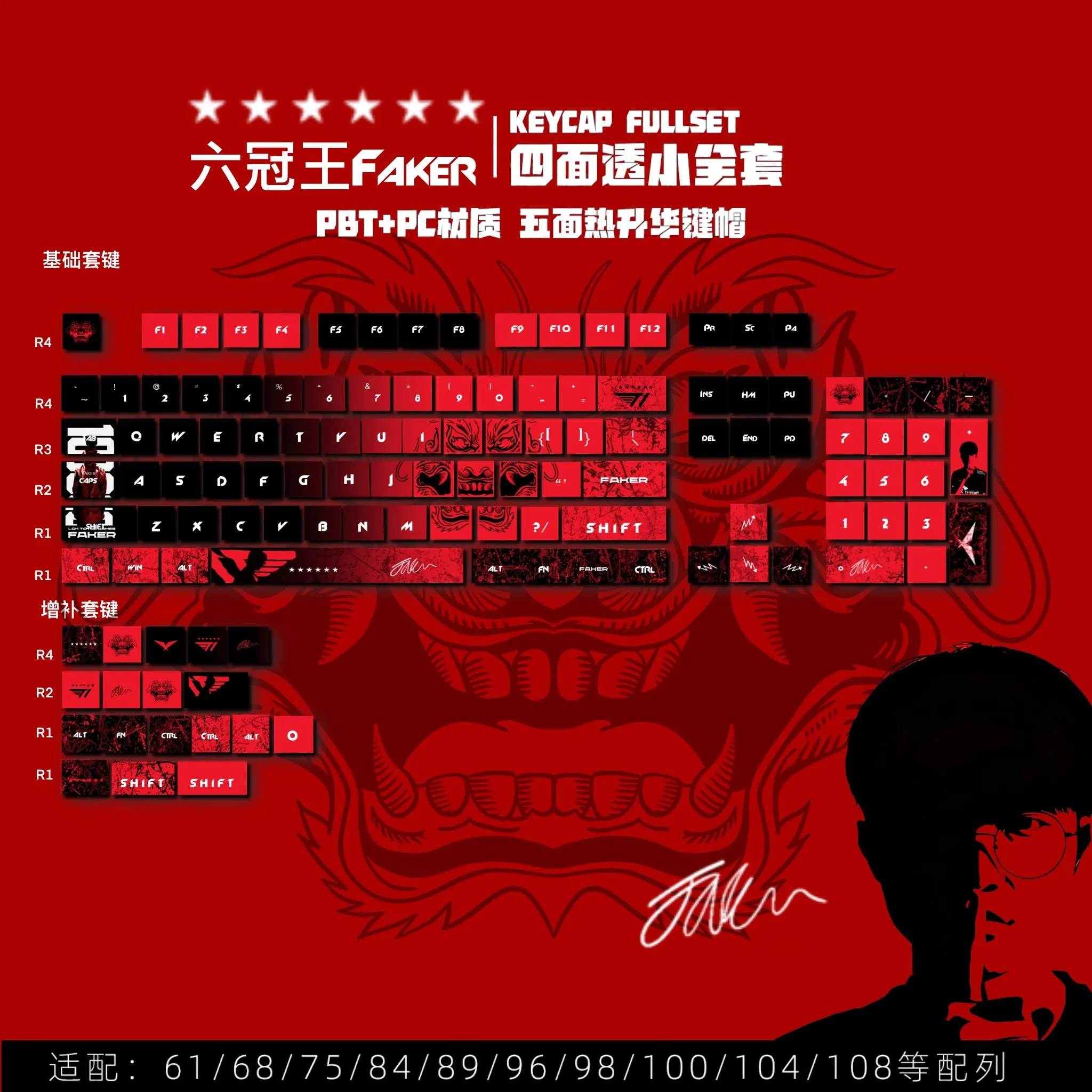 

Faker Great Demon King Keycaps Transparent Four-sided LOL Thermal Sublimation Five-sided PBT Material for Mechanical Keyboard