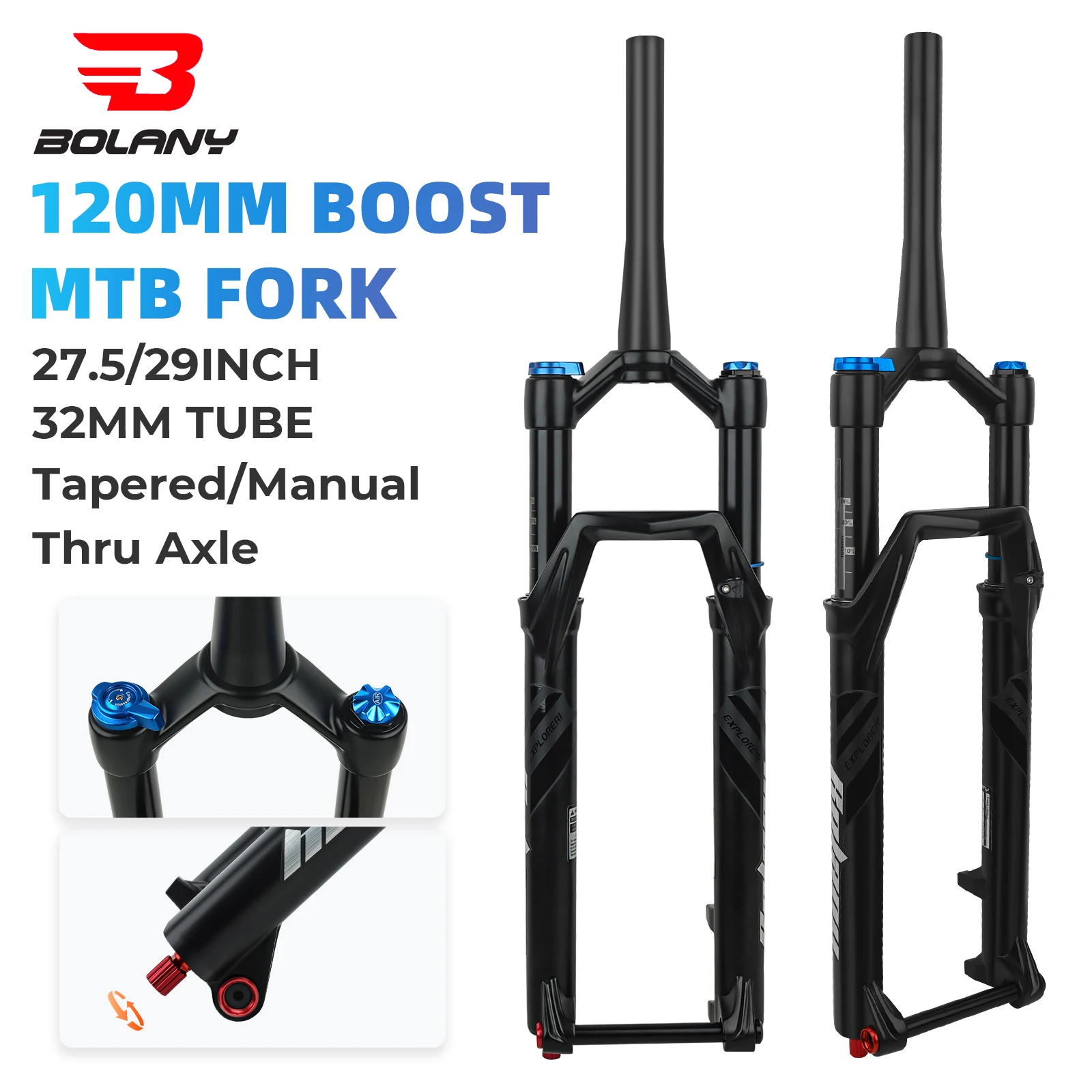 

BOLANY 26/27.5/29 Inch Boost Air Fork Tpeared 39.8mm Tube 15x110mm Thru Axle Suspension Fork 120 Travel MTB Air Fork