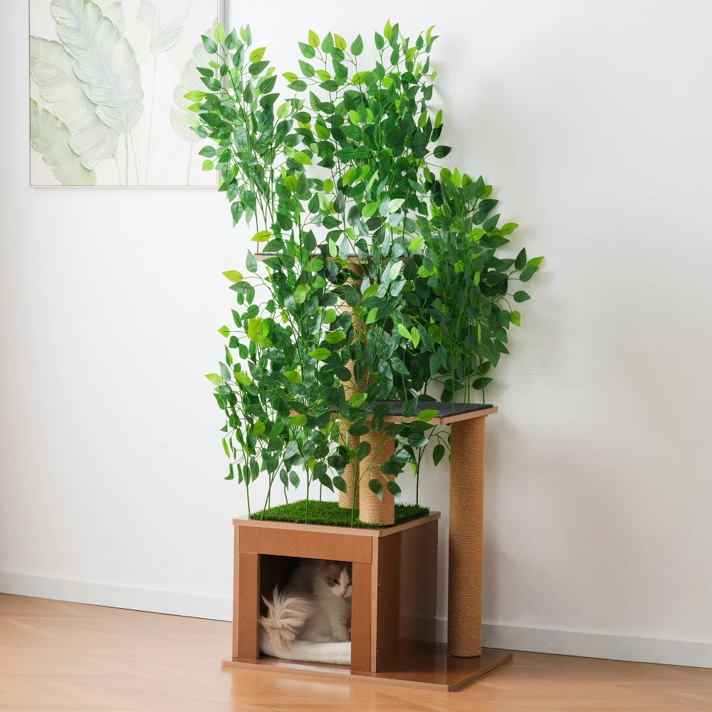 Baumförmiger Katzen-Kletterbaum mit Katzenhöhlen, Abnehmbaren Blättern, Kratzfestem Haustier-Möbelstück zum Verstecken, Spielen und Klettern