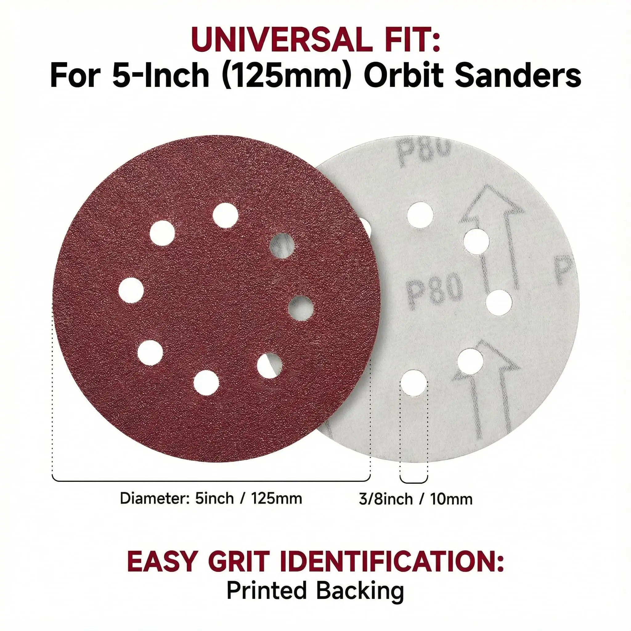 00pcs 5-Inch 8-Hole Sandpaper Discs, Round Sandpaper, Oxide, for Orbital Sanders - Durable Sandpaper for Polishing And Smoothing