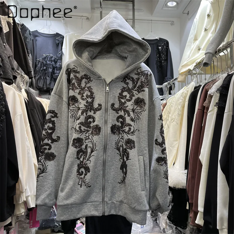 Street Heavy Sequin Borduren Kralen Sweatshirt Met Capuchon Dames American Hot Girl Trendy Oversized Sweatshirt Veelzijdige Casual Top