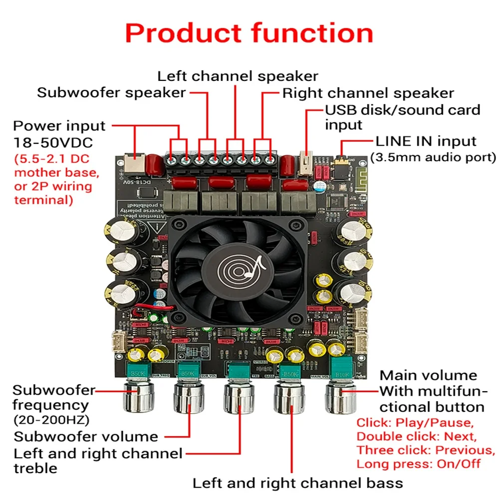 ZK-AS21P TPA3255*2 2.1 Channel Bluetooth Power Amplifier Board 300W+300W+600W High Power Low Noise Audio Power Amplifier Module