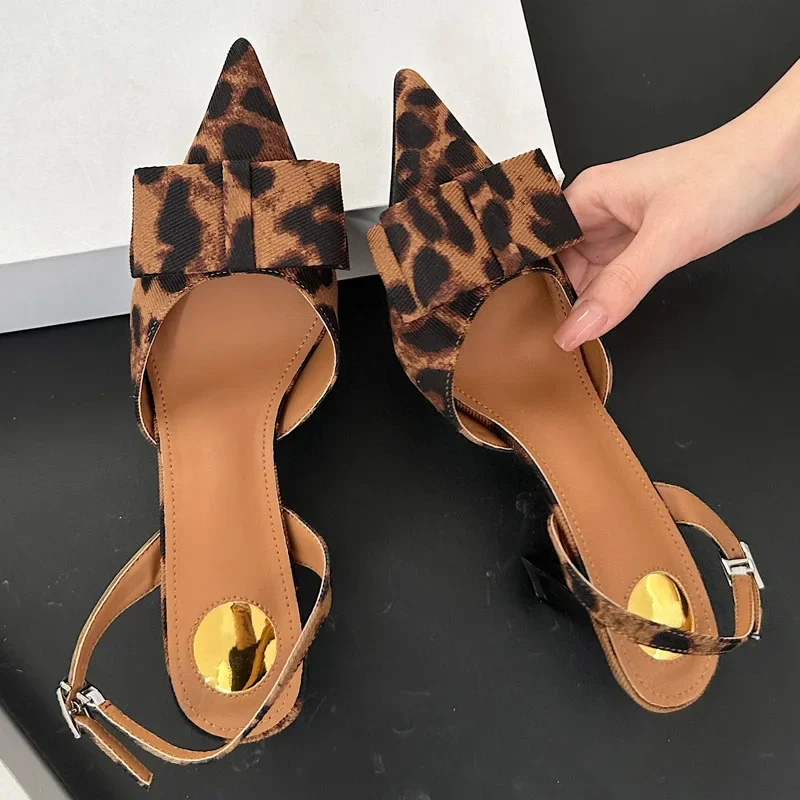 Zapatos de tacón elegantes con nudo de mariposa y punta estrecha para mujer, zapatos de tacón alto con estampado de leopardo de diseñador para fiesta